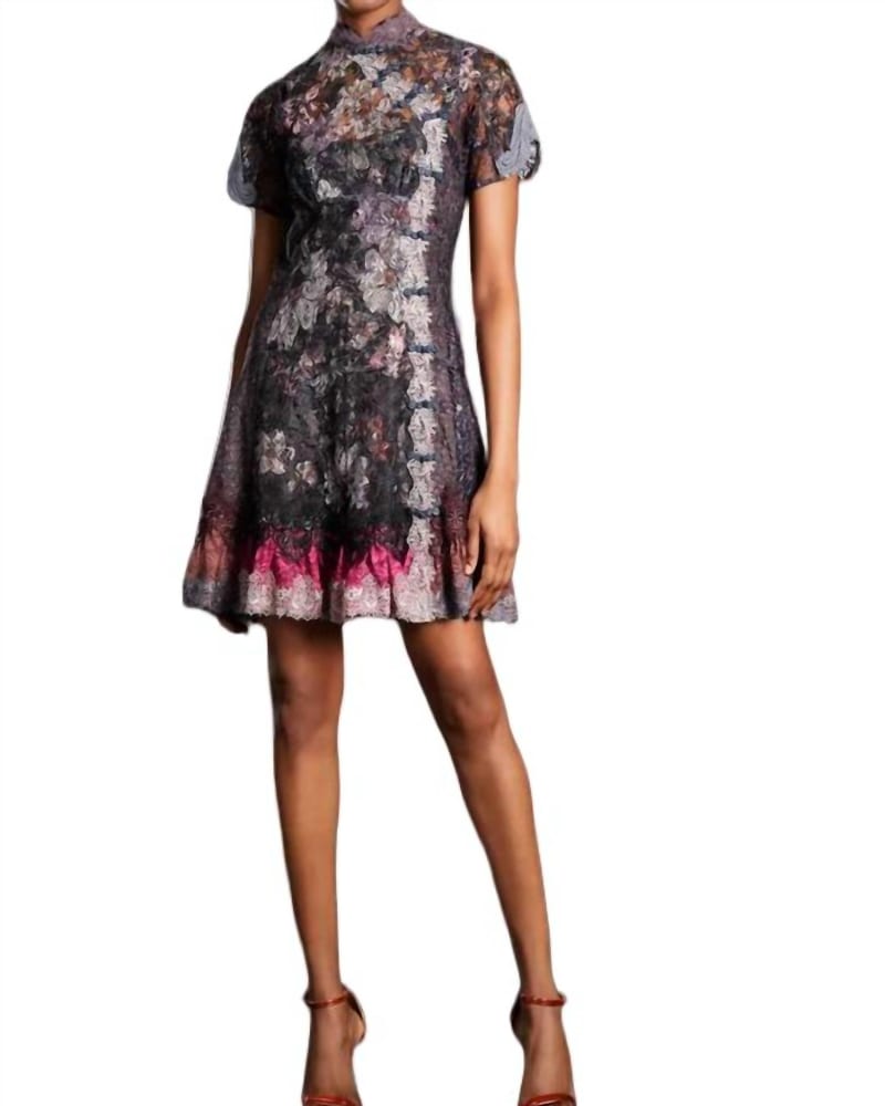 Front of a model wearing a size 12 Qipao Mini Dress In Black in Black by Byron Lars. | dia_product_style_image_id:345651